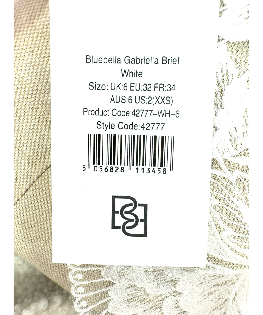 Bluebella White Gabriella Wired Bra and Brief Set, size UK 30D — care label