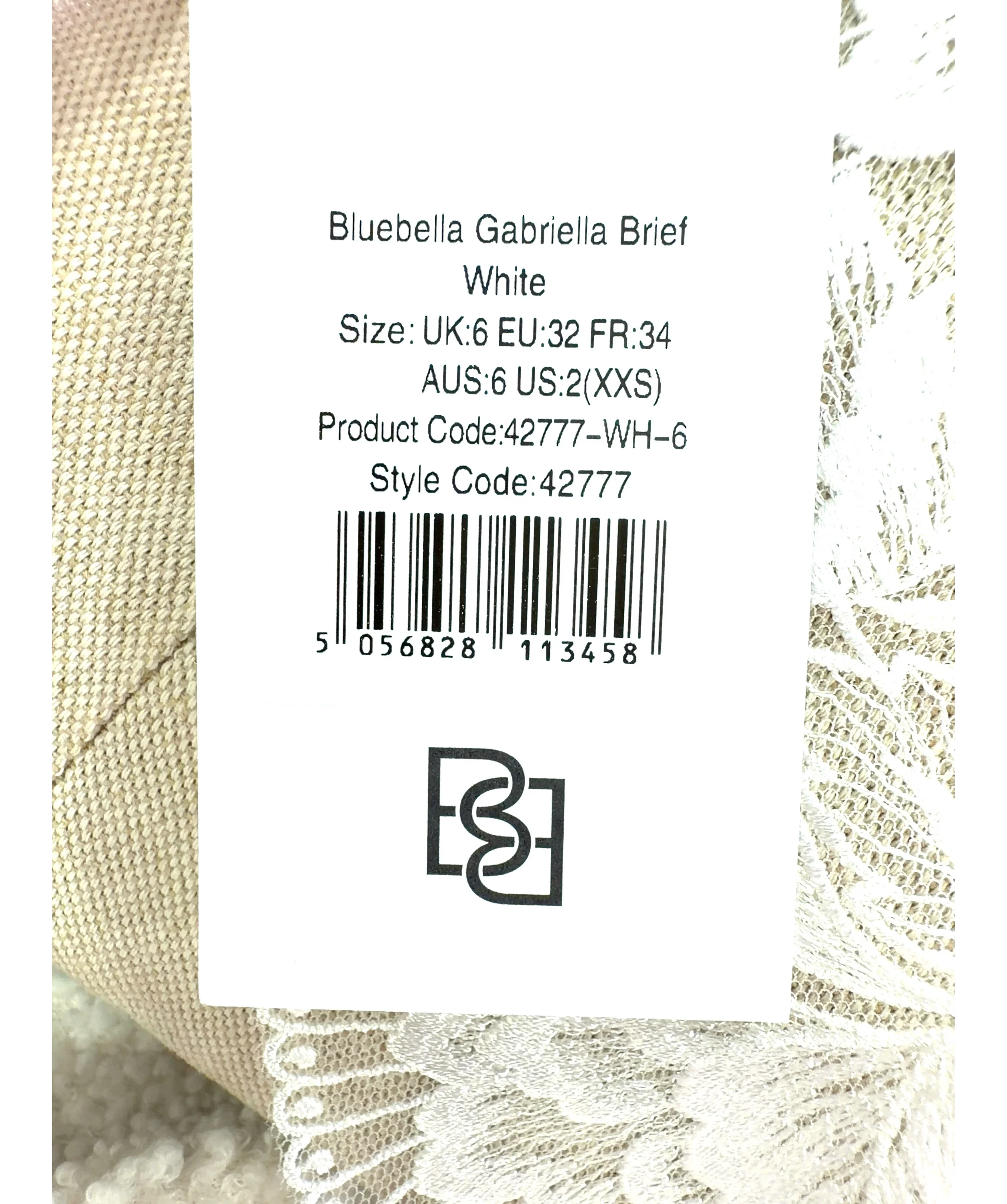 Bluebella White Gabriella Wired Bra and Brief Set, size UK 30D — care label