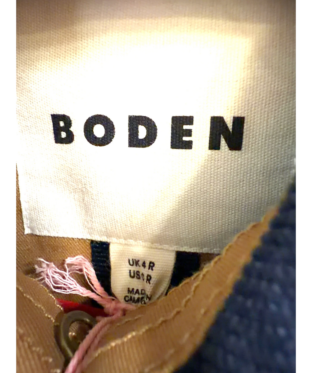 Boden Brown Swing Box Short Trench, size UK 4 — care label