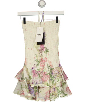 Charo Ruiz Cream Botanic Print Shirred Cusia Mini Dress UK XS