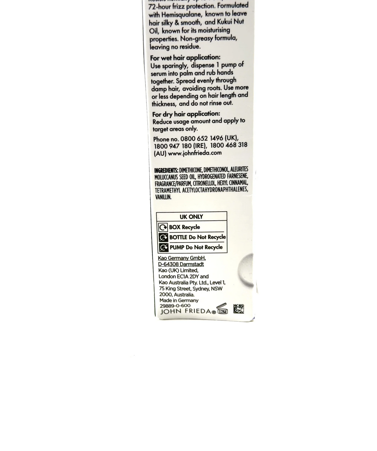 John Frieda The Hydro Sealer Moisture Protect Hair Serum, size 50ml — fabric detail