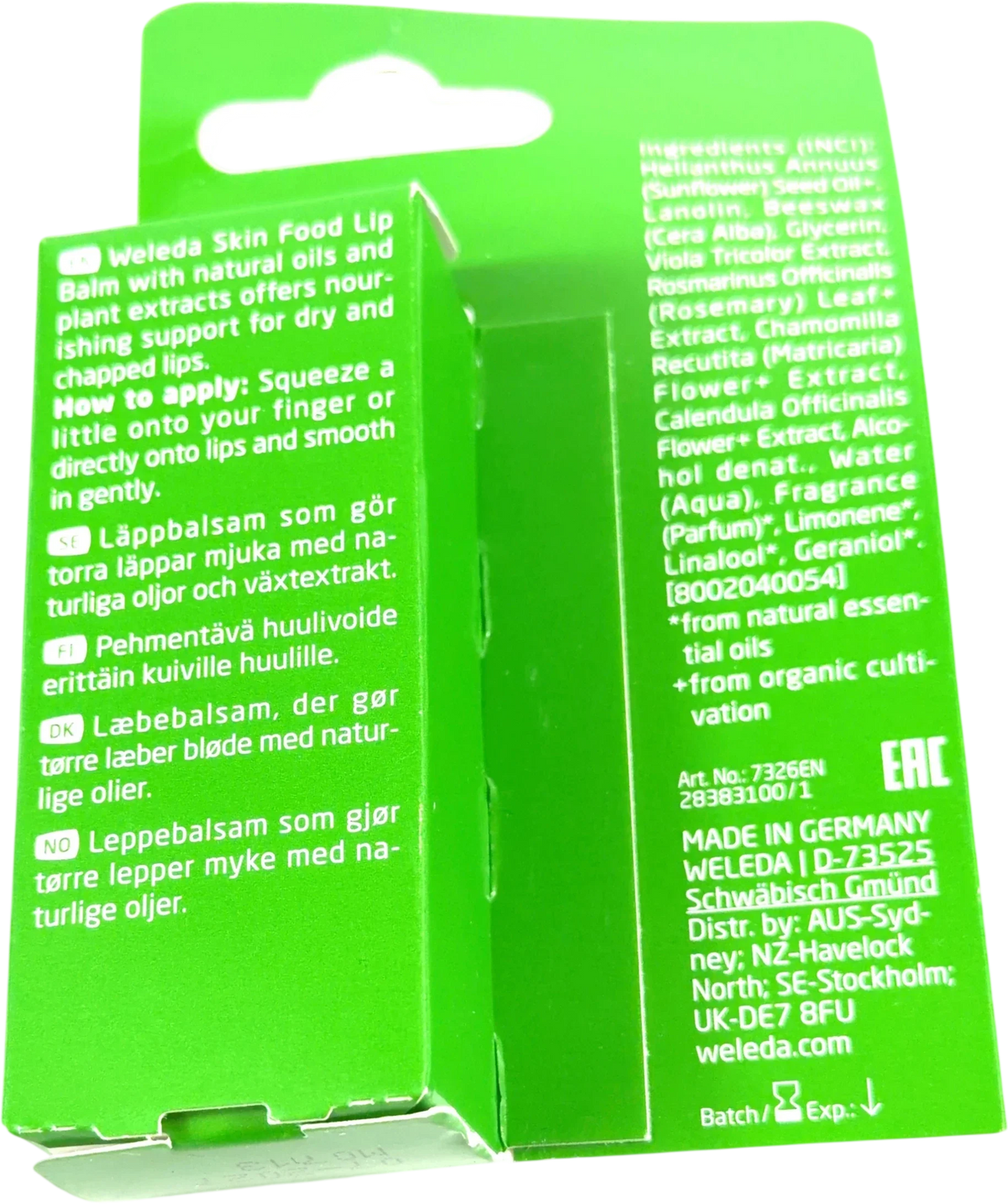 Weleda Skin Food Lip Balm, size 8ml — back