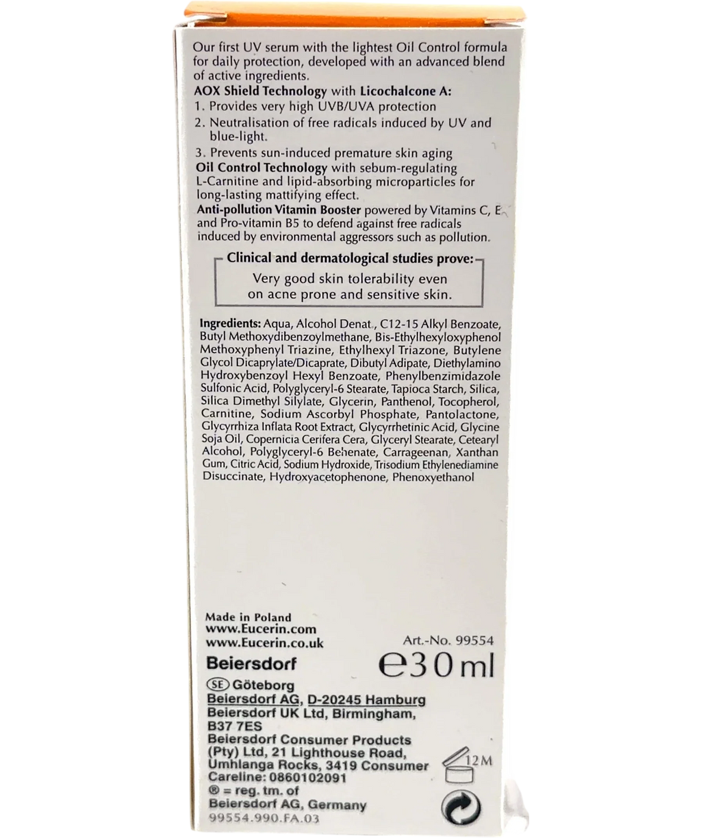 Eucerin Sun Oil Control Ultra-Light Daily Face Serum SPF50+ (30 ml), size 30ml — back