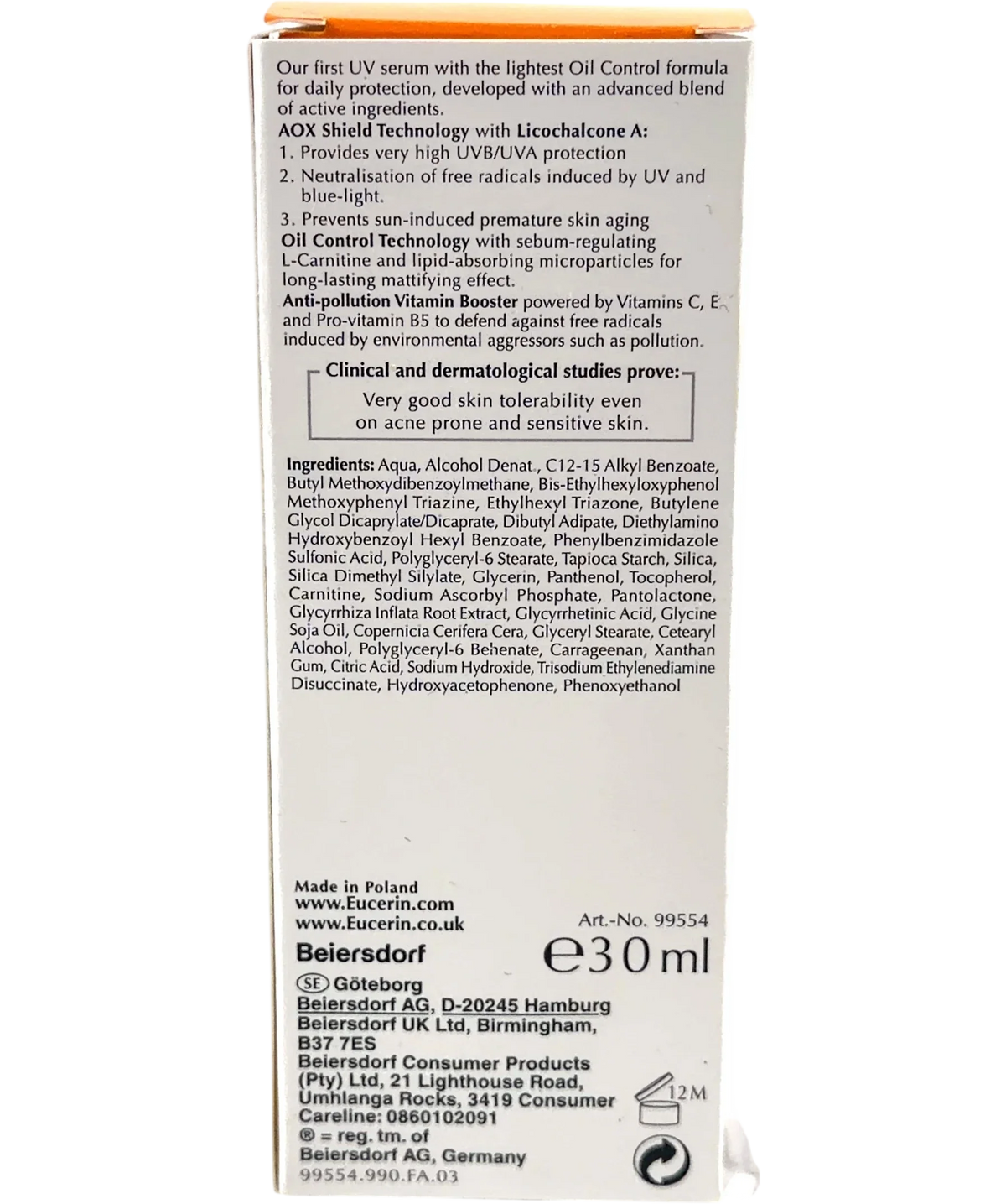 Eucerin Sun Oil Control Ultra-Light Daily Face Serum SPF50+ (30 ml), size 30ml — back