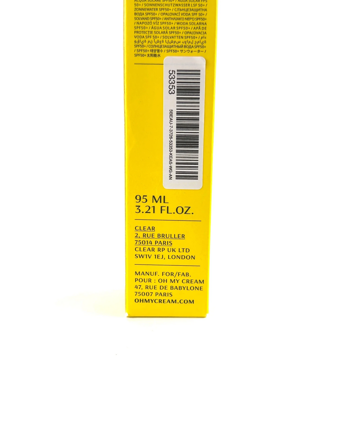 oh my cream Sun Water SPF50+ (Eau Solaire SPF50+), size 95ml — care label