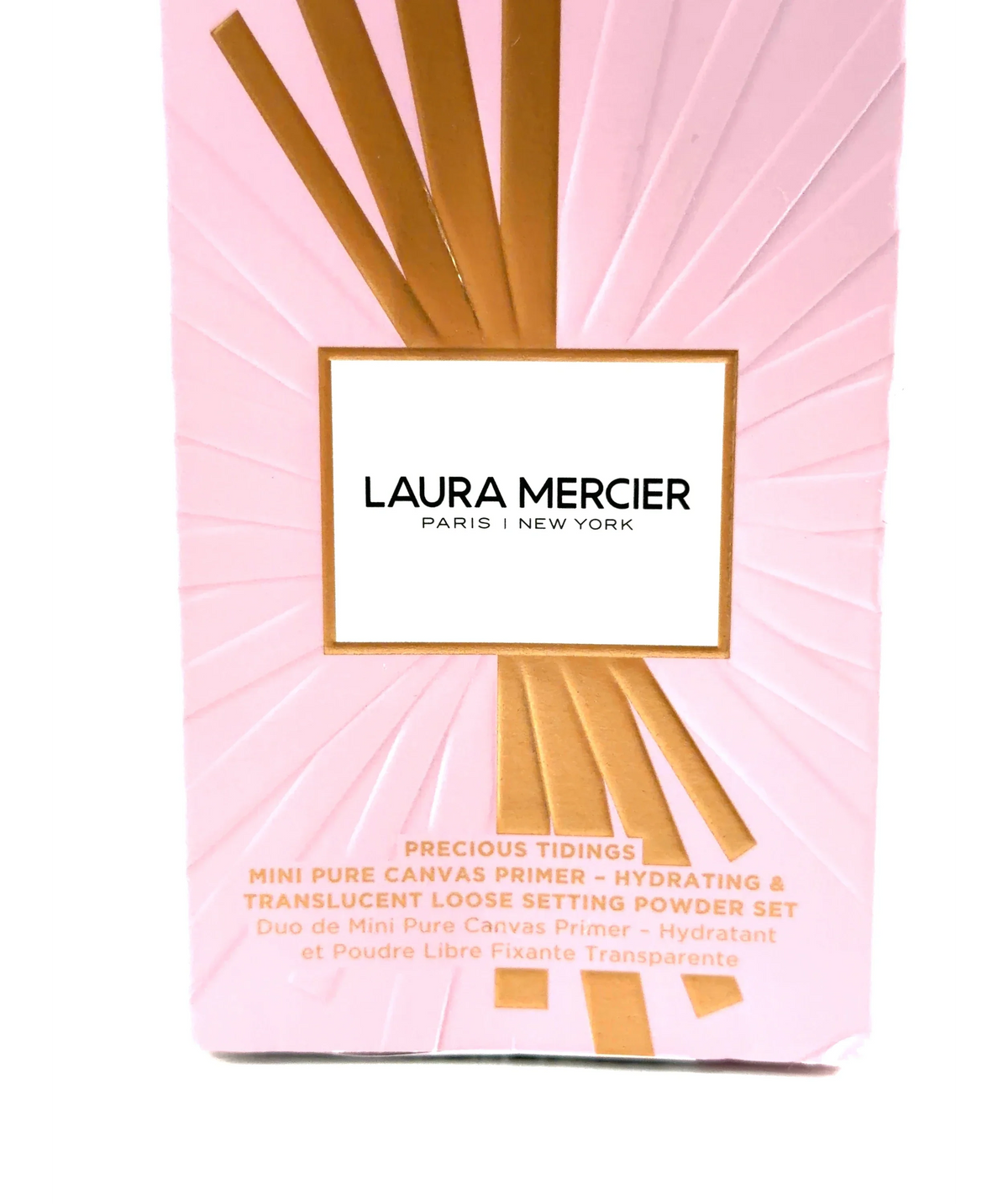 Laura Mercier Universal PRECIOUS TIDINGS MINI PURE CANVAS PRIMER - HYDRATING & TRANSLUCENT LOOSE SETTING POWDER SET,… — label