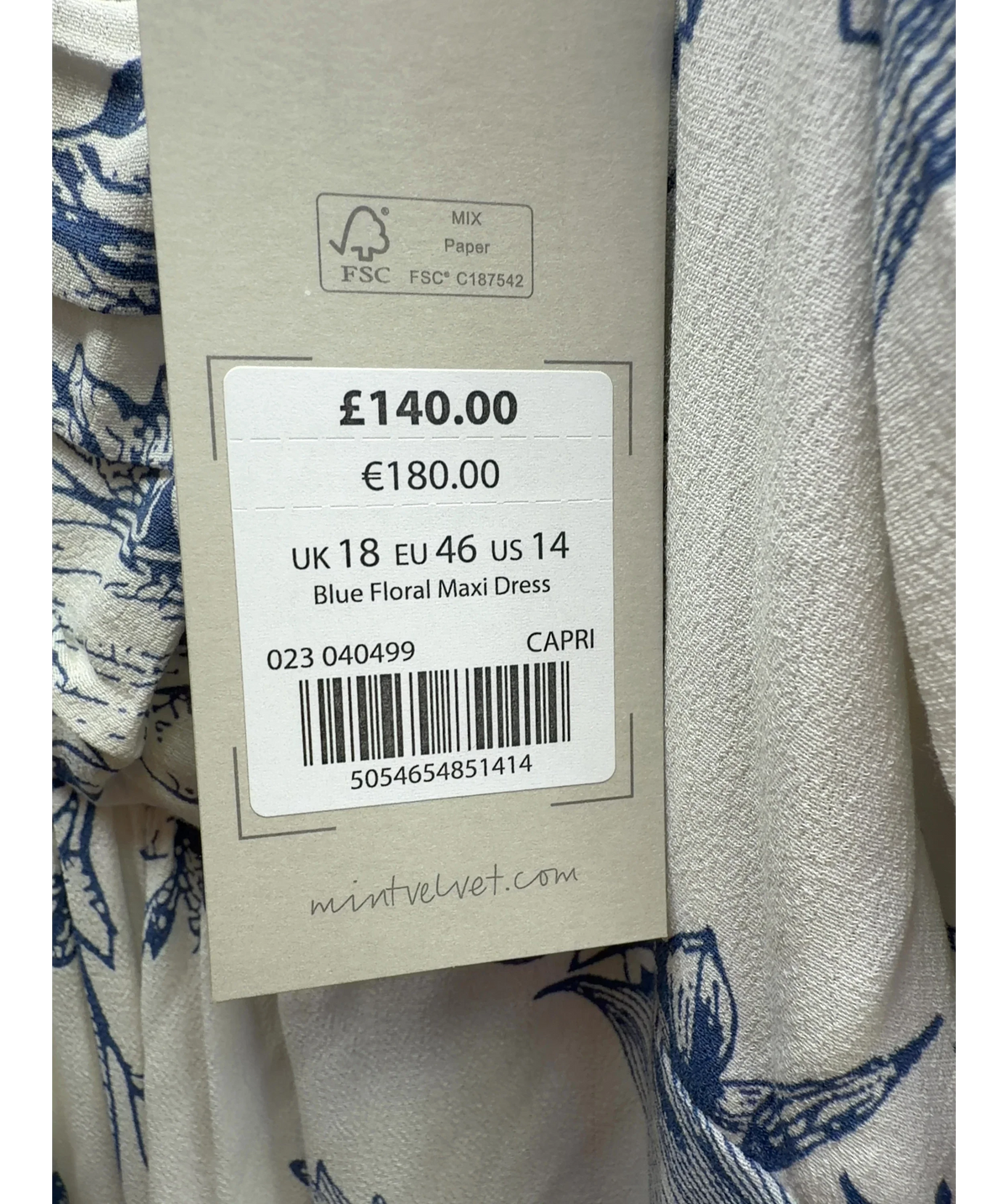 Mint Velvet Blue Blue Floral Maxi Dress, size UK 18 — label
