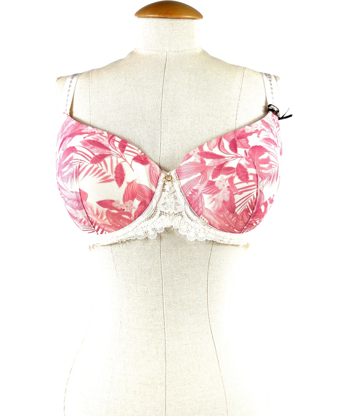 Pour Moi Pink PM 99600-Bliss Printed Mesh Padded Balconette Bra Pink Leaf, size UK 32E — front