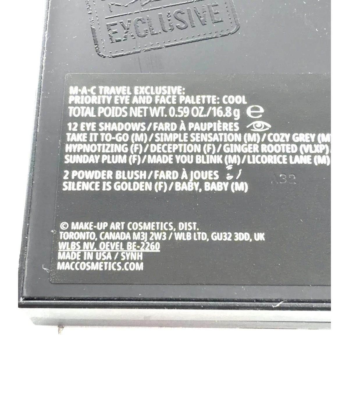 MAC Cool Travel Exclusive Priority Eye and Face Palette: Cool, size 16.8g — care label