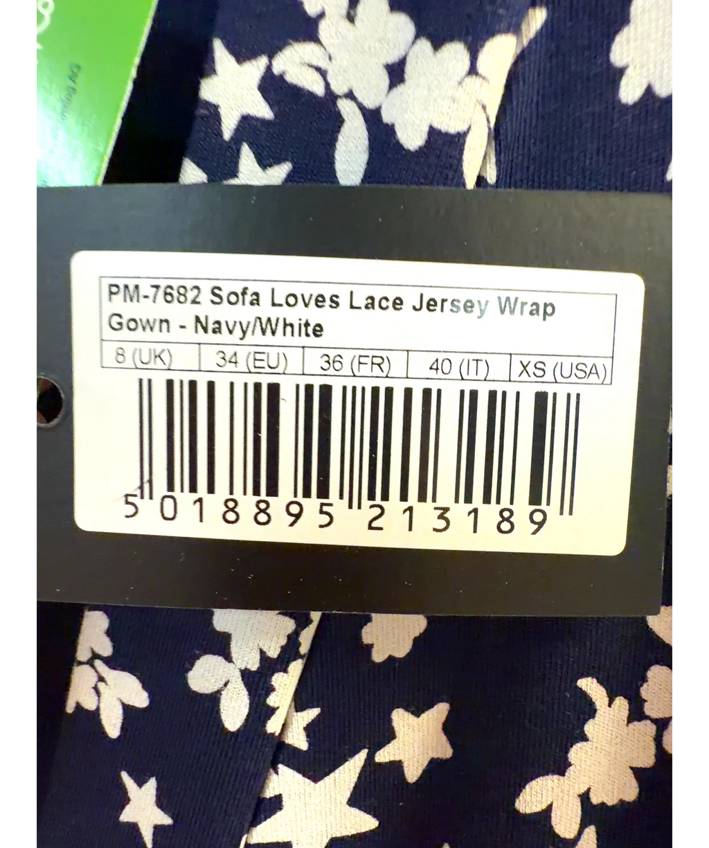Pour Moi navy Sofa Loves Lace Jersey Wrap Gown, size UK 8 — label