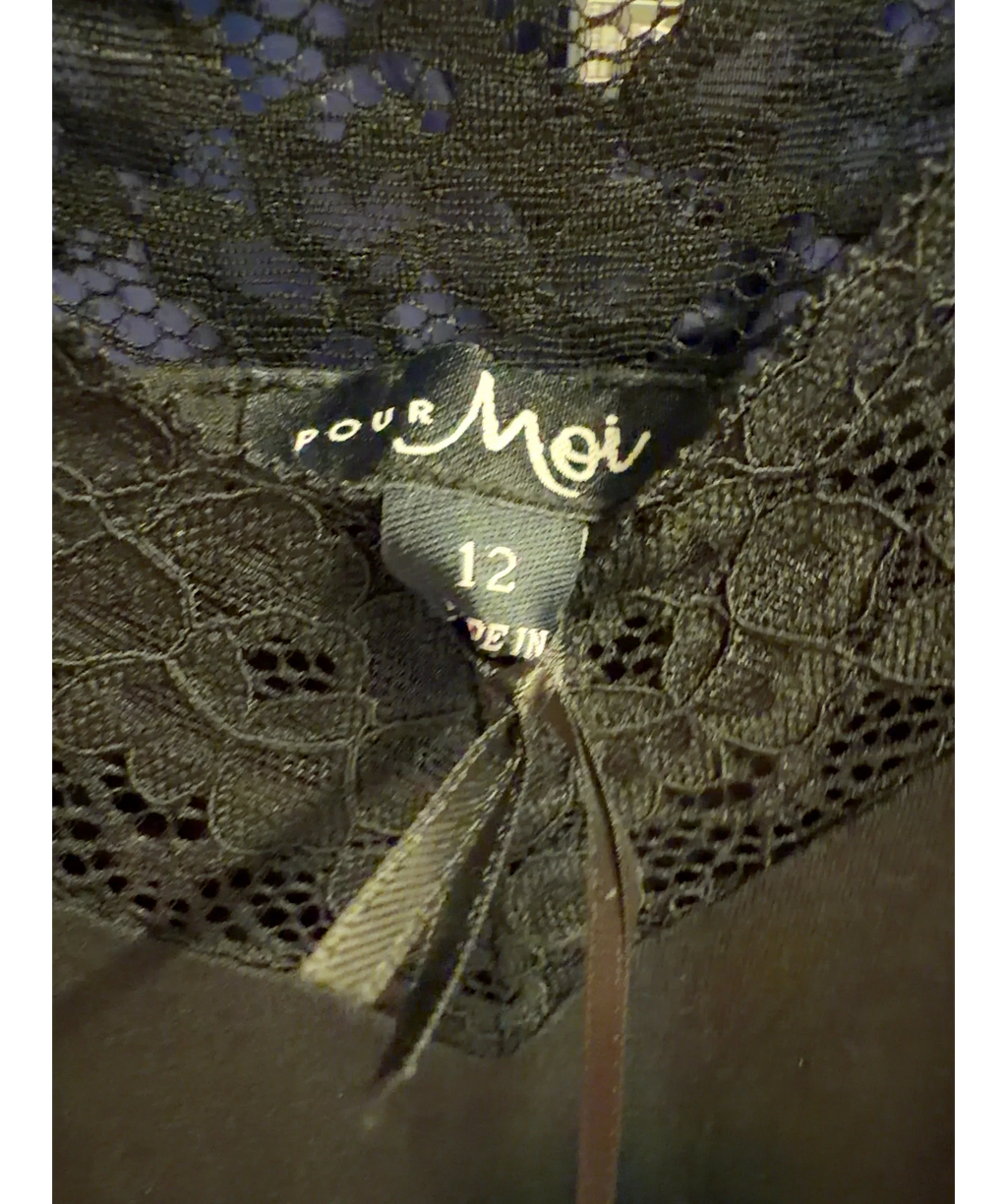 Pour Moi Black Sofa Loves Lace Hidden Support Soft Jersey Split Chemise, size UK 12 — care label