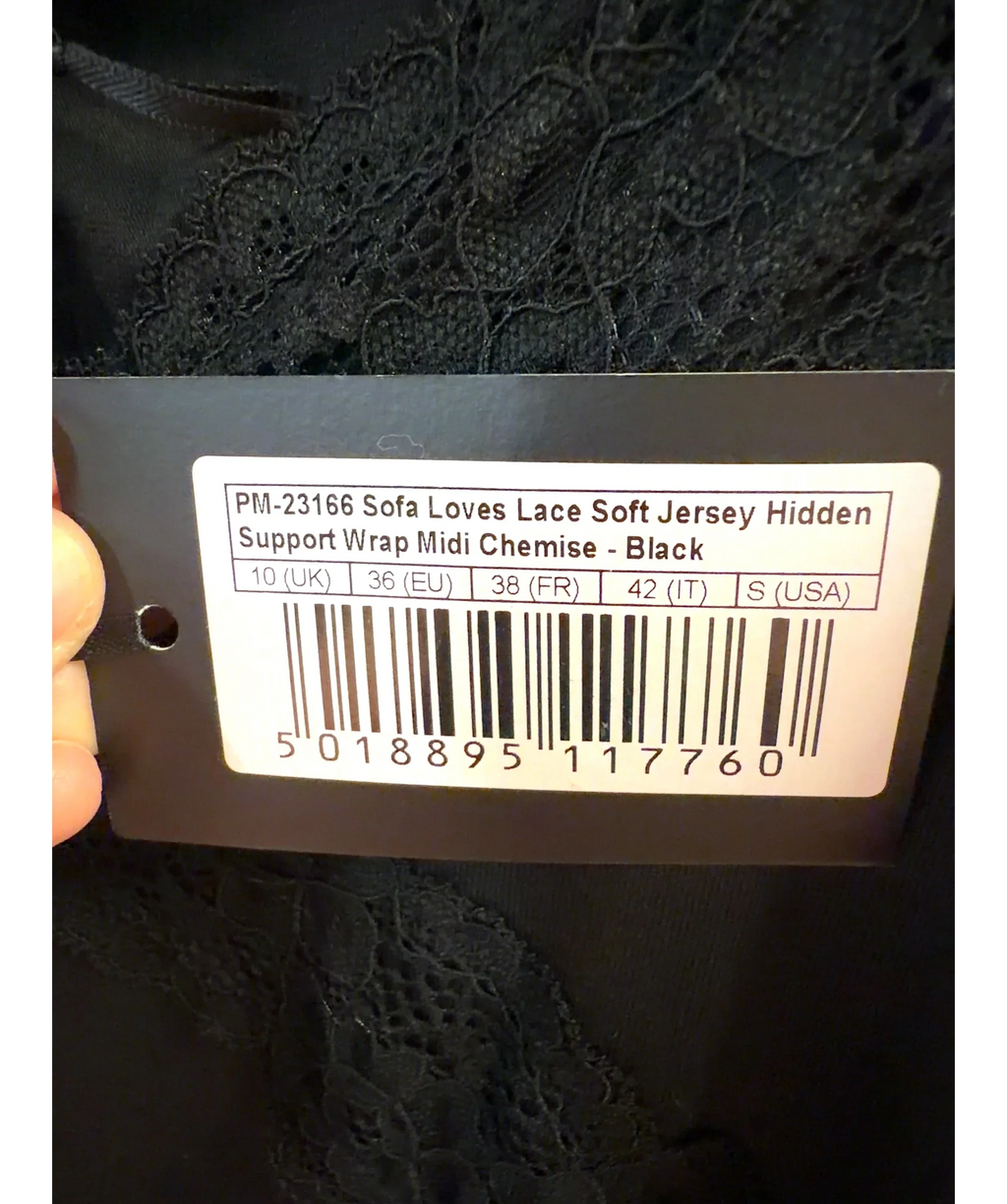 Pour Moi Black Sofa Loves Lace Soft Jersey Hidden Support Wrap Midi Chemise, size UK 10 — label