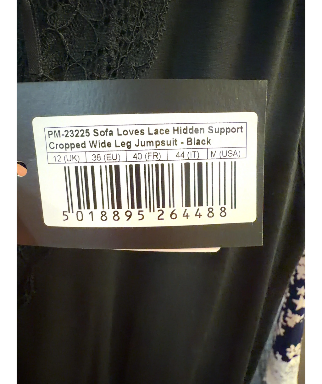 Pour Moi Black Sofa Loves Lace Hidden Support Cropped Wide Leg Jumpsuit, size UK 12 — label