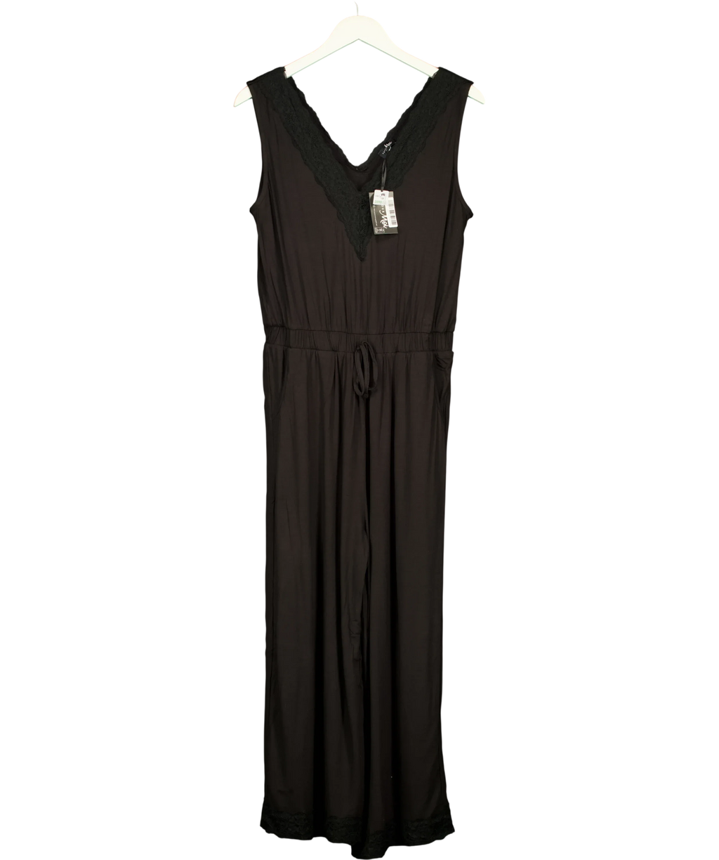 Pour Moi Black Sofa Loves Lace Hidden Support Cropped Wide Leg Jumpsuit, size UK 12 — front