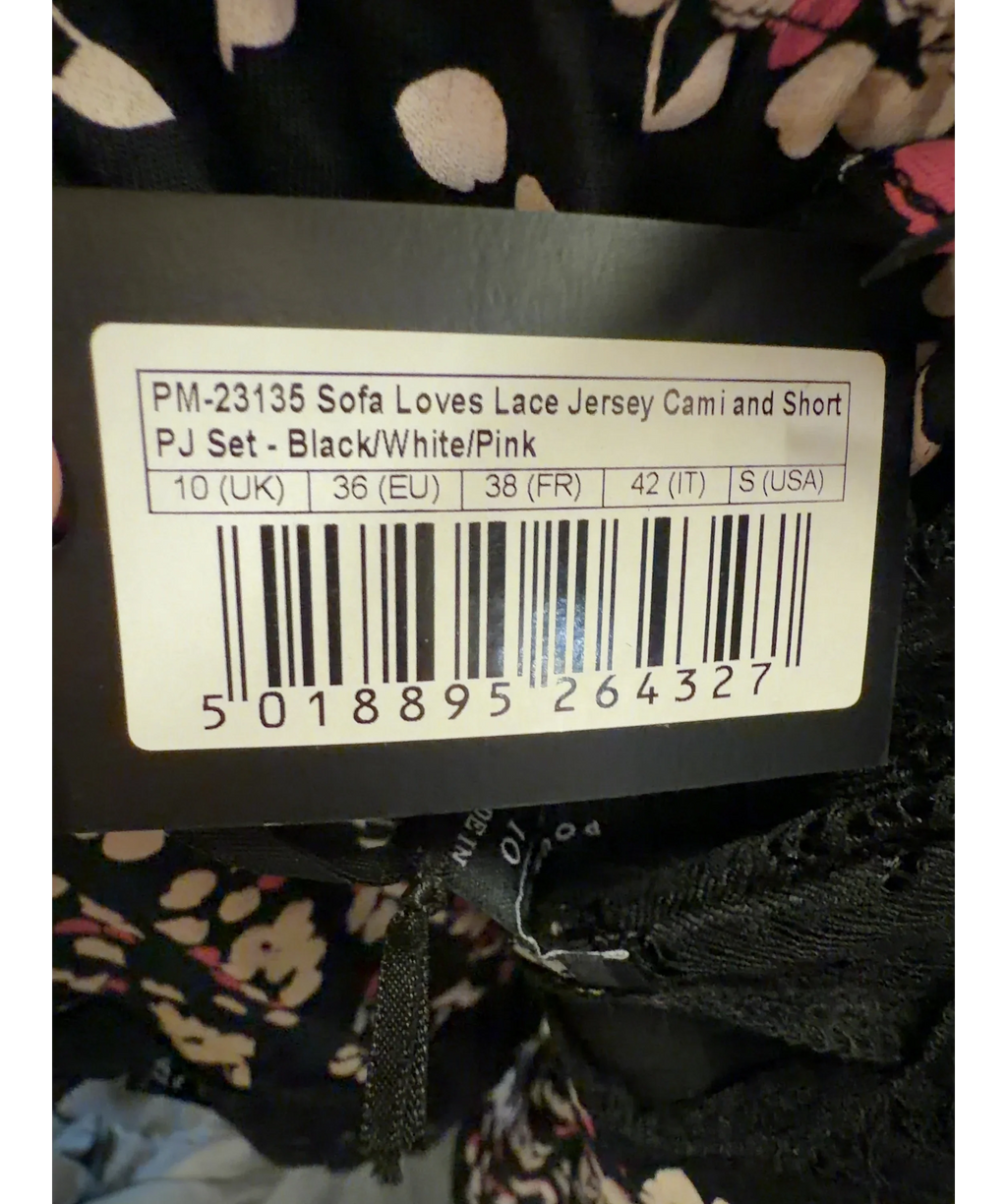 Pour Moi Black Sofa Loves Lace Jersey Cami and Short PJ Set, size UK 10 — label