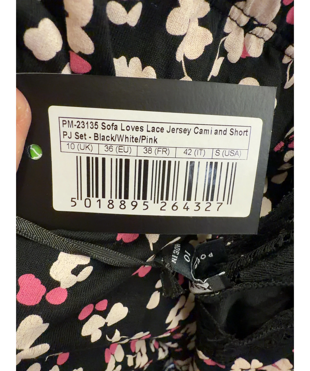 Pour Moi Black Sofa Loves Lace Jersey Cami and Short PJ Set, size UK 10 — fabric detail
