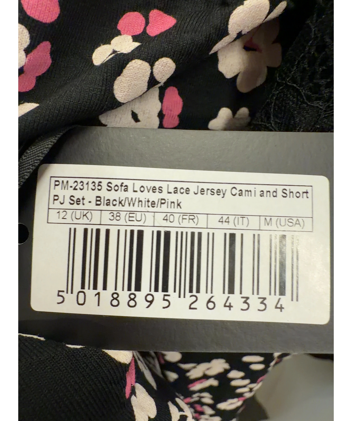 Pour Moi Black PM-23135 Sofa Loves Lace Jersey Cami and Short PJ Set - Black/White/Pink, size UK 12 — label