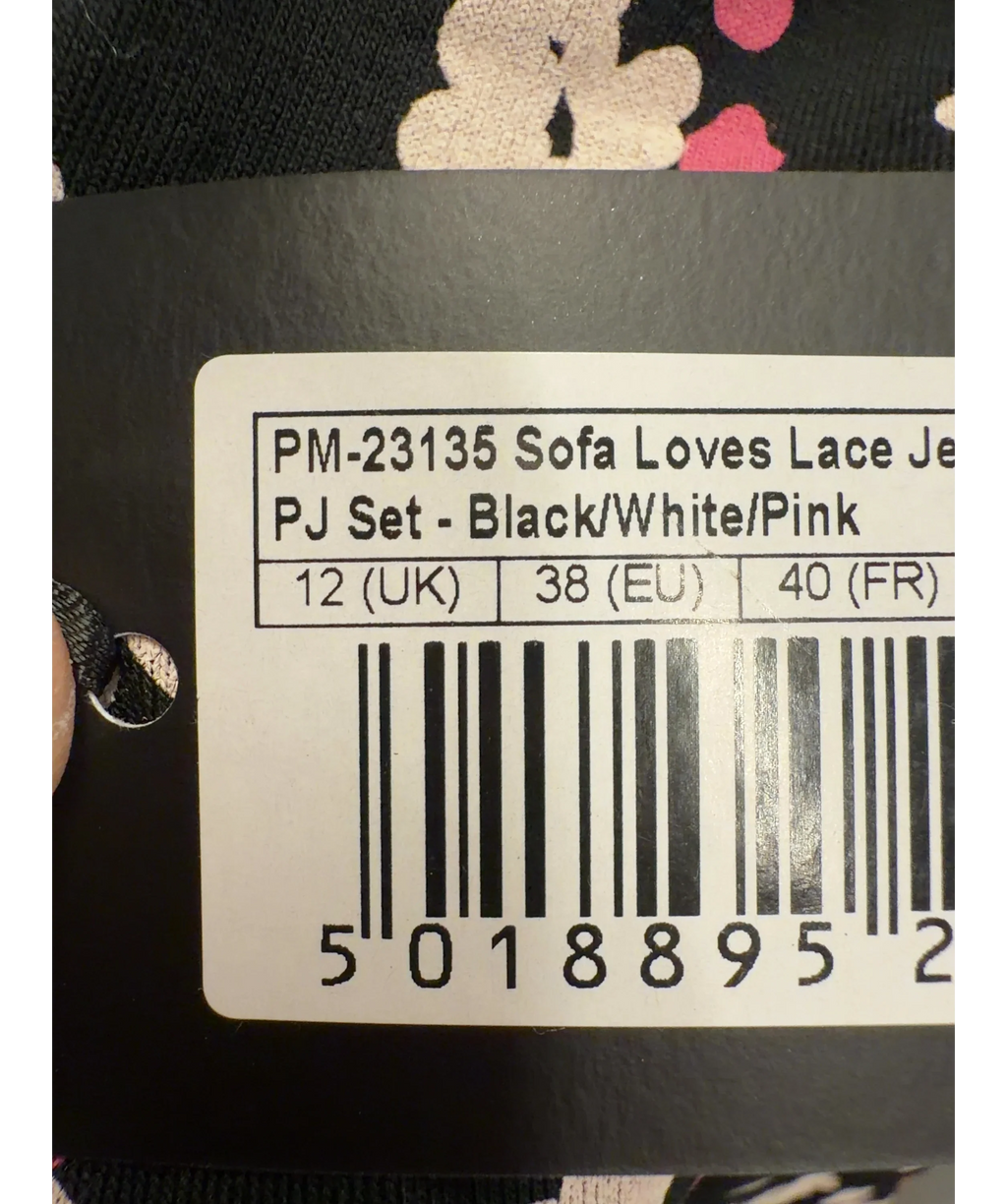 Pour Moi Black PM-23135 Sofa Loves Lace Jersey Cami and Short PJ Set - Black/White/Pink, size UK 12 — care label