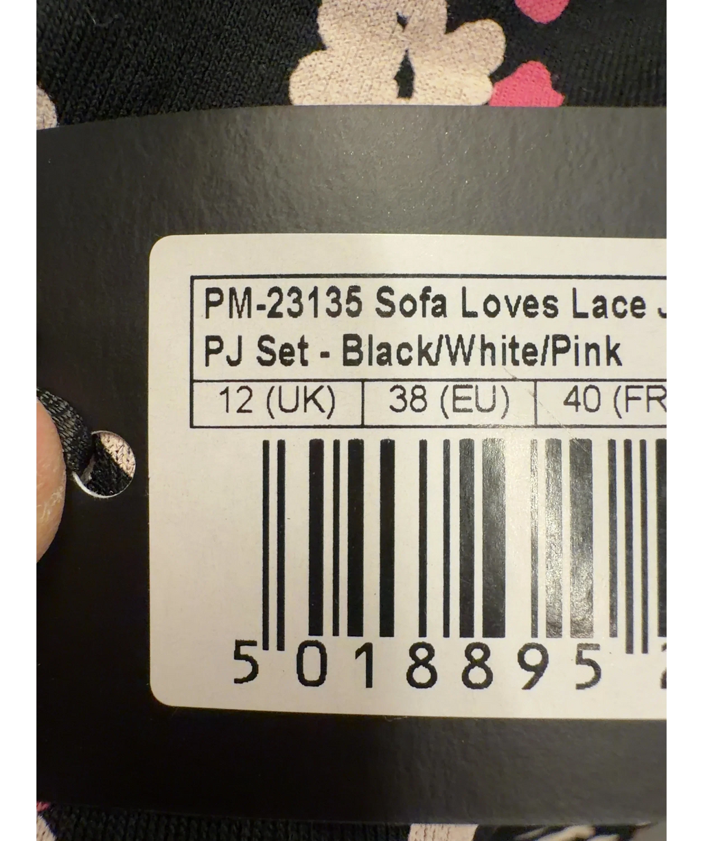 Pour Moi Black PM-23135 Sofa Loves Lace Jersey Cami and Short PJ Set - Black/White/Pink, size UK 12 — fabric detail