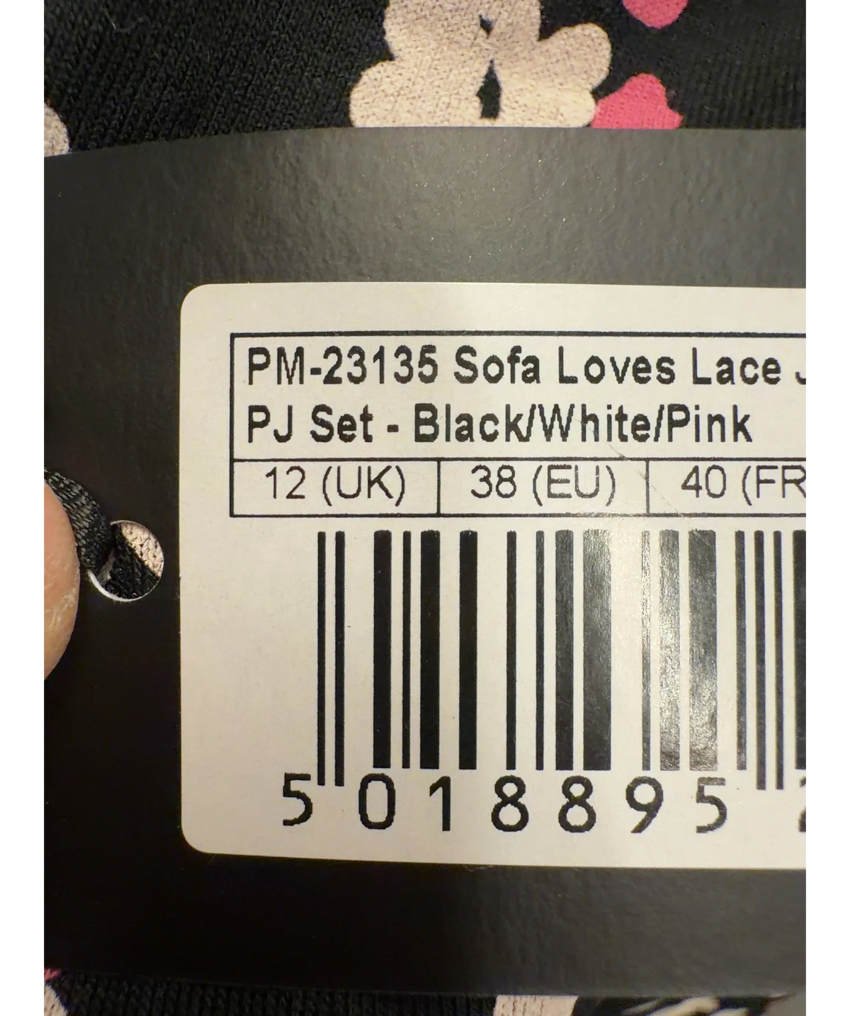 Pour Moi Black PM-23135 Sofa Loves Lace Jersey Cami and Short PJ Set - Black/White/Pink, size UK 12 — fabric detail