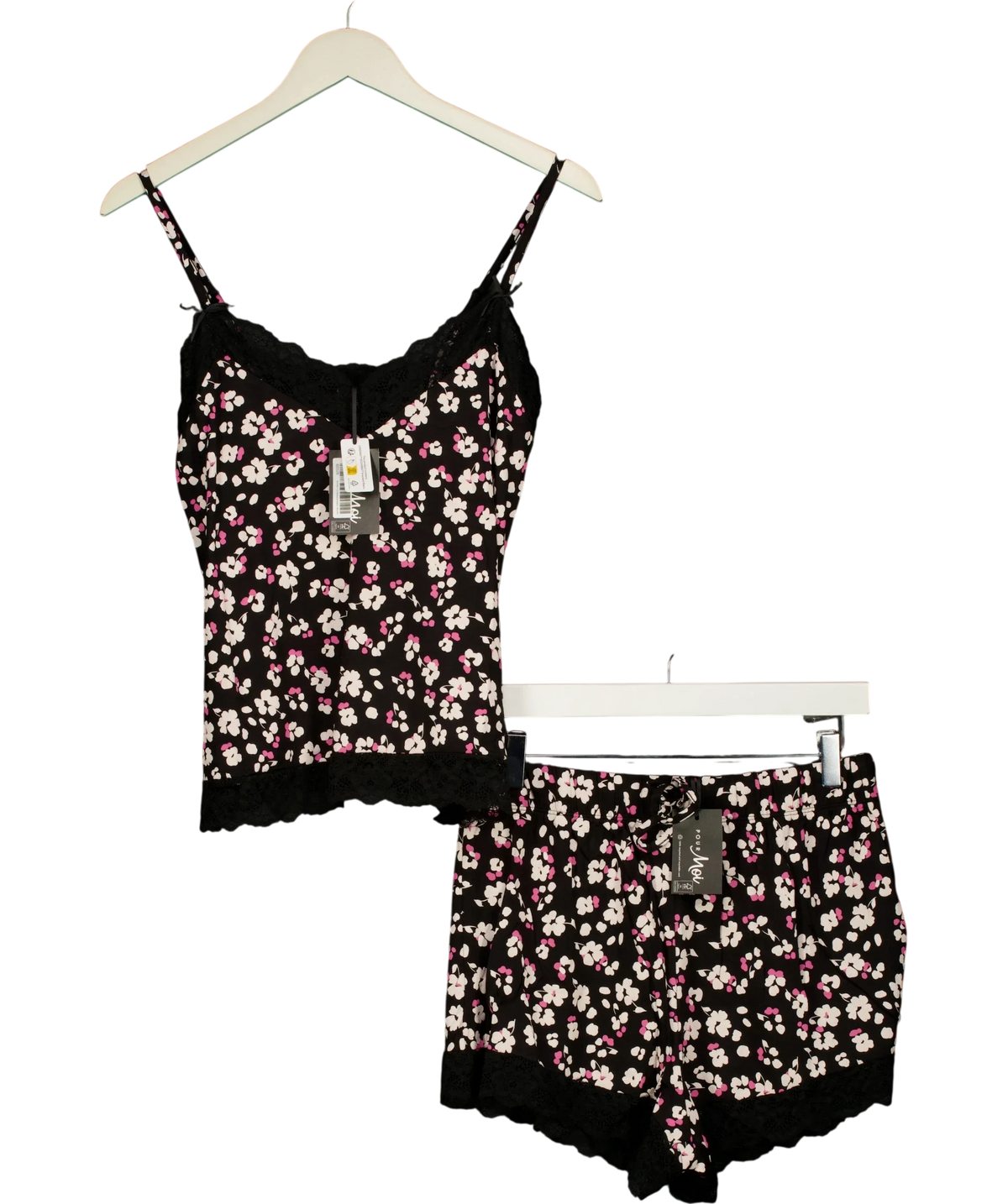 Pour Moi Black PM-23135 Sofa Loves Lace Jersey Cami and Short PJ Set - Black/White/Pink, size UK 12 — front