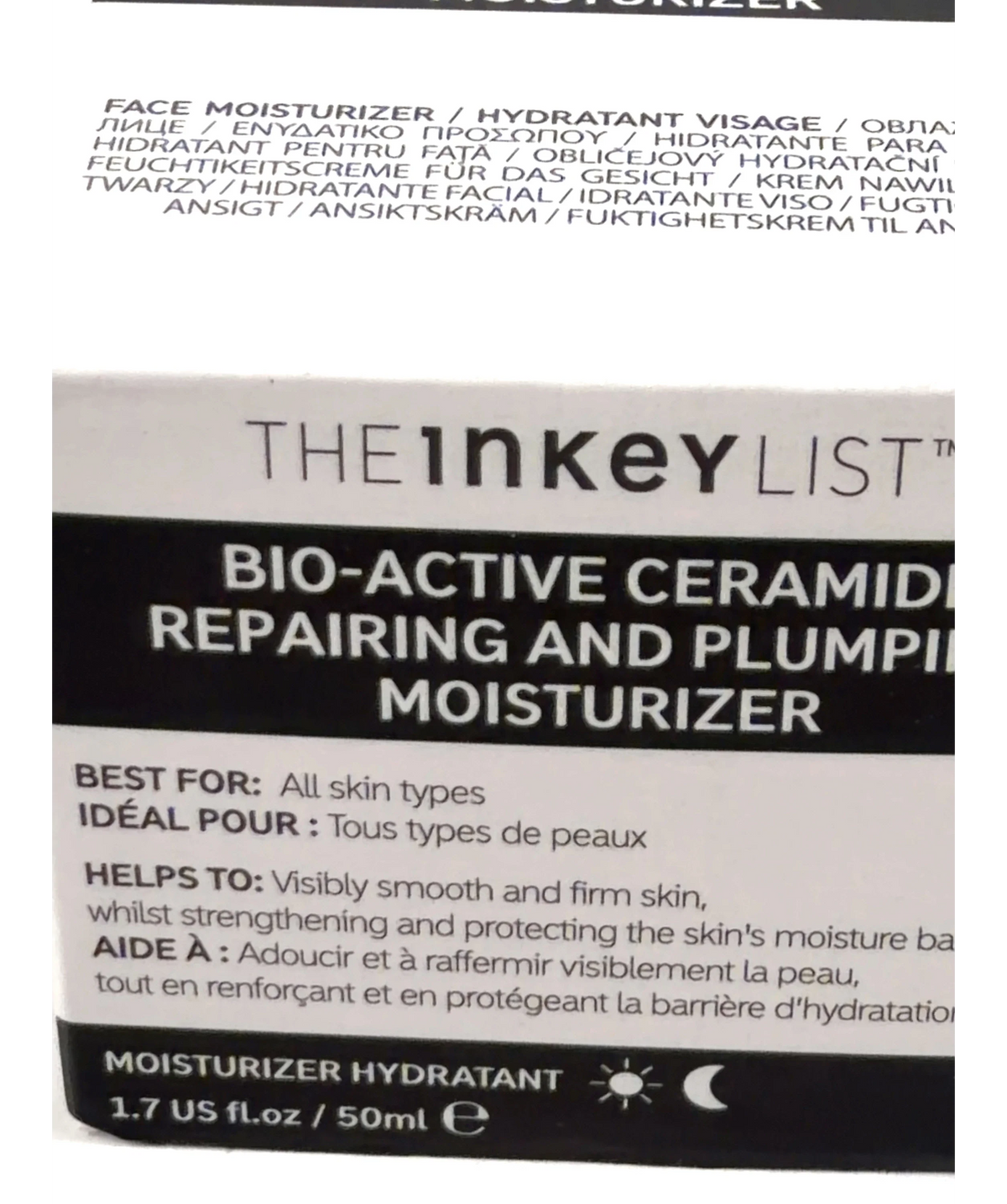 The Inkey List BIO-ACTIVE CERAMIDE REPAIRING AND PLUMPING MOISTURIZER, size 50ml — label