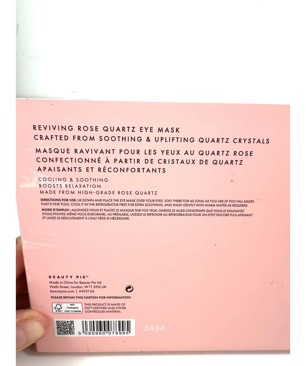 Beauty Pie Rose quartz eye mask — care label