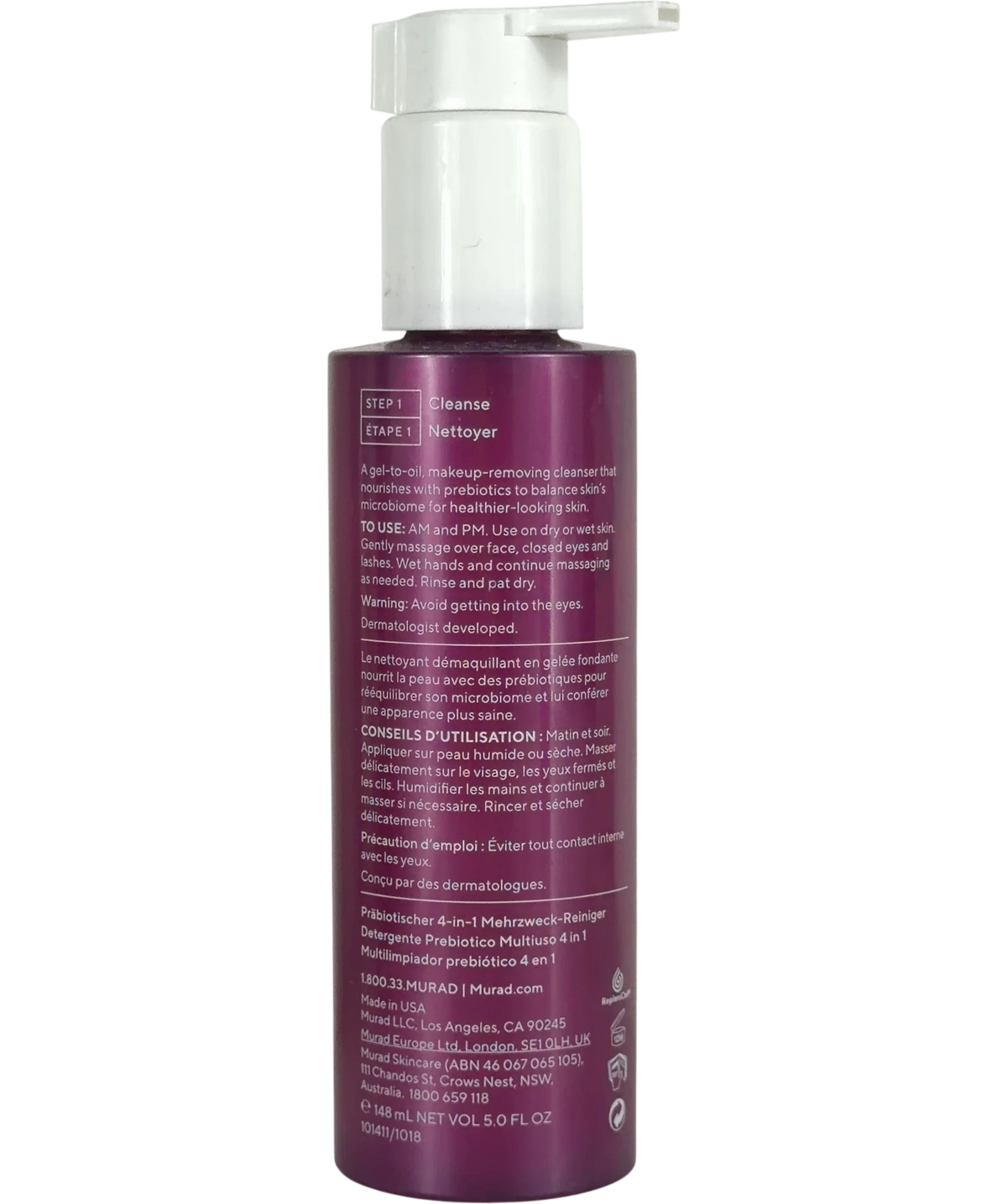 Murad Prebiotic 4-in-1 MultiCleanser, size 148ml — back