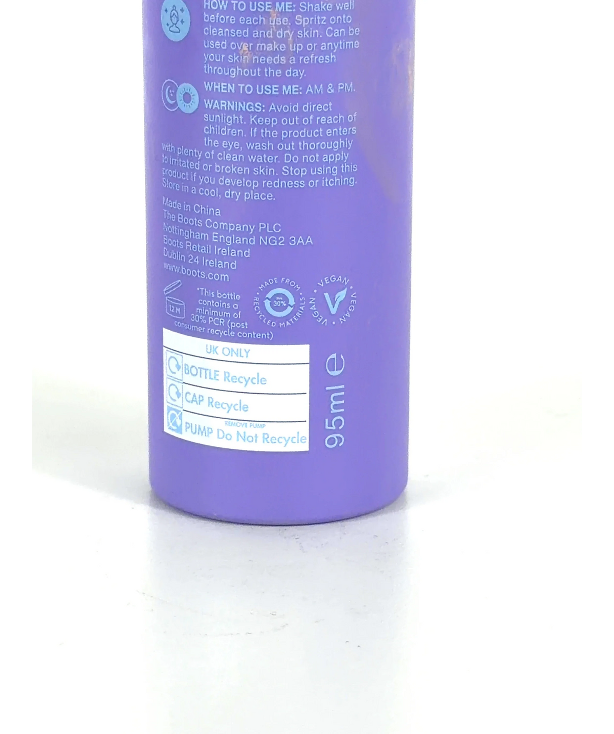 BOOTS purple Spritz Saviour Face Mist, size 95ml — care label