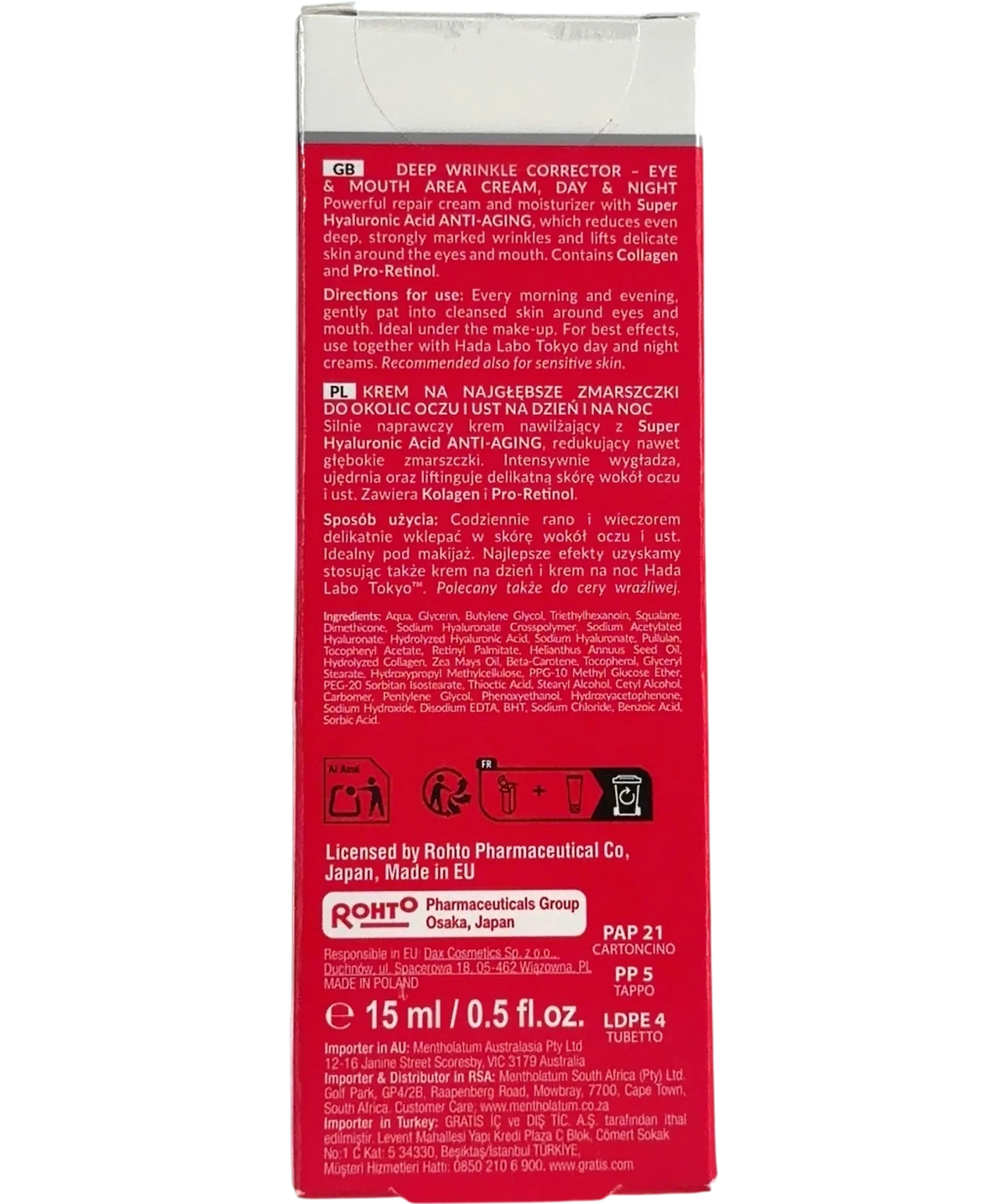 Hada Labo Tokyo Wrinkle Corrector Eye and Mouth Cream, size 15ml — back