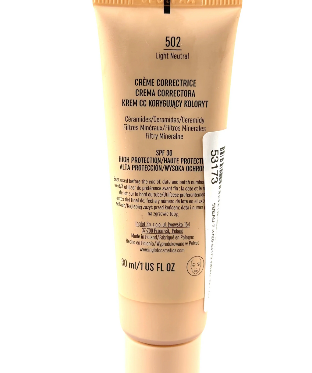 Inglot 502 Light Neutral Skin-Perfecting CC Face Cream, size 30ml — care label