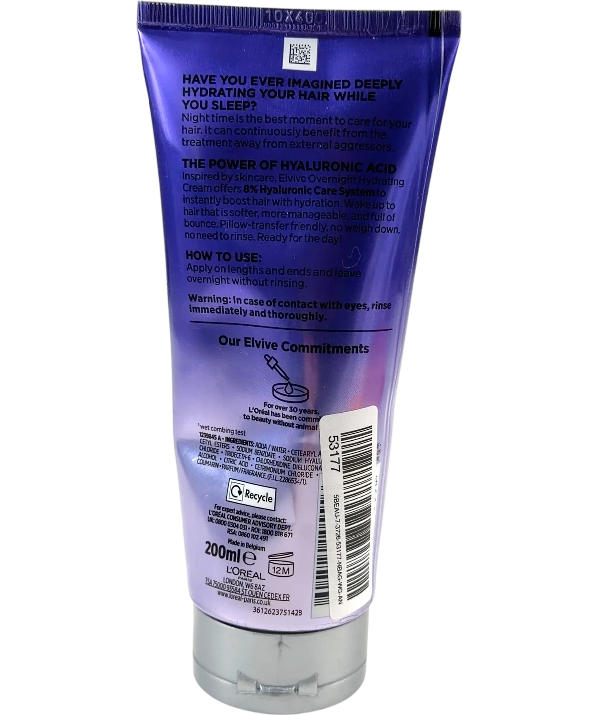 L'Oréal ELVIVE HYDRA [HYALURONIC] OVERNIGHT HYDRATING CREAM, size 200ml — back