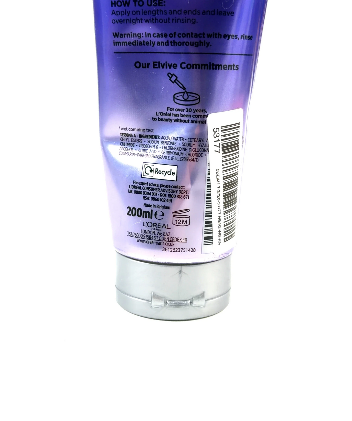 L'Oréal ELVIVE HYDRA [HYALURONIC] OVERNIGHT HYDRATING CREAM, size 200ml — care label