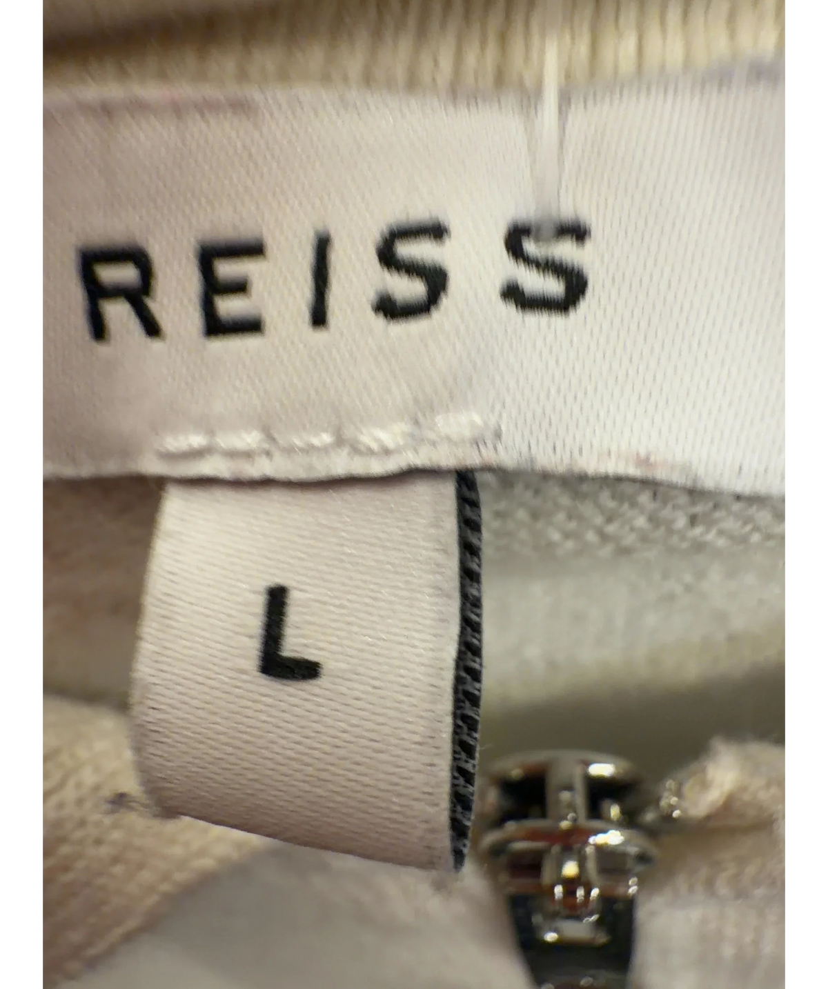 REISS Cream color-blocked half-zip knitted polo shirt, size UK L — detail