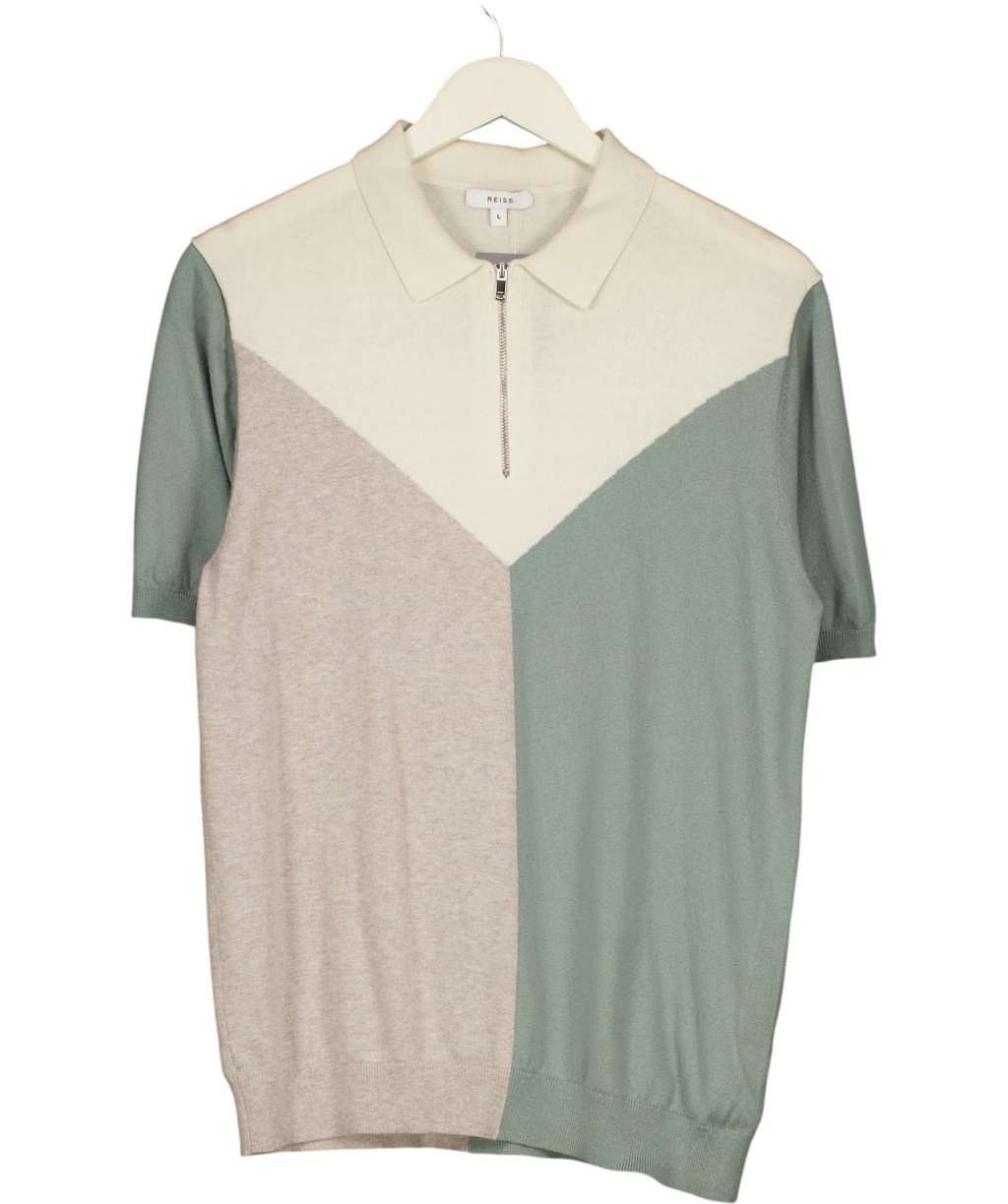 REISS Cream color-blocked half-zip knitted polo shirt, size UK L — front