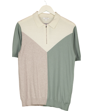 Reiss Butler Colour Block Zip Neck Polo Shirt Cream UK L
