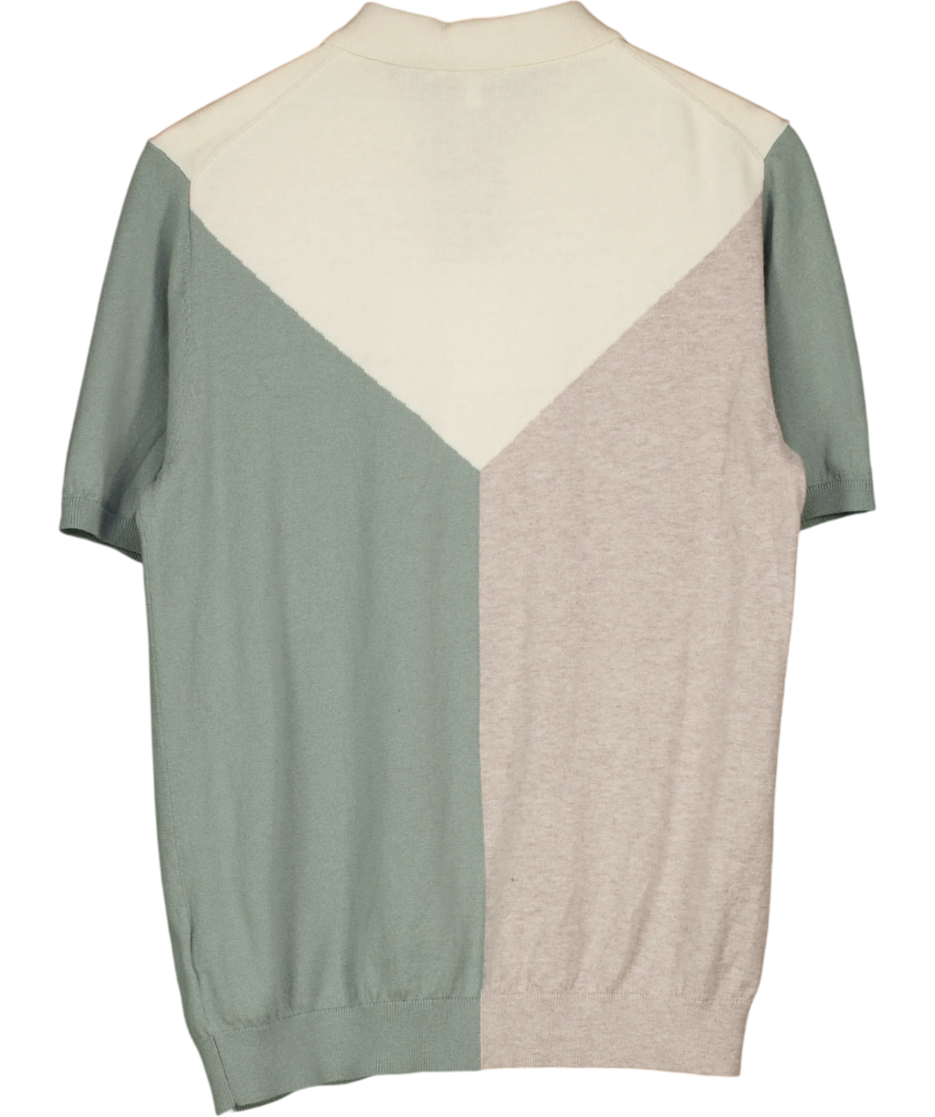 REISS Cream color-blocked half-zip knitted polo shirt, size UK L — back