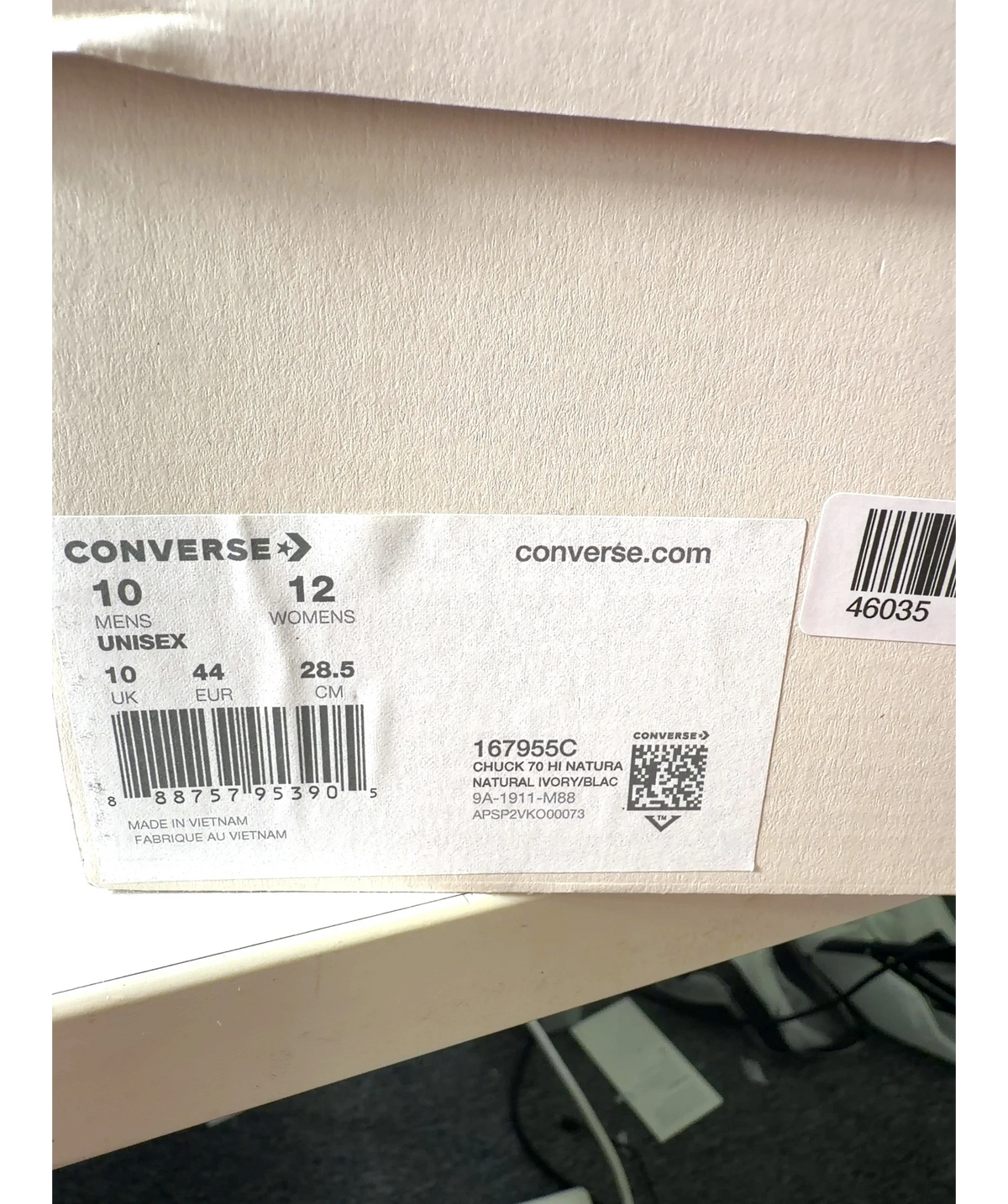 Converse Cream x Fear of God Chuck 70 Hi Natural Ivory HIGH TOP TRAINERS, size UK 10 EU 44 👞 — care label