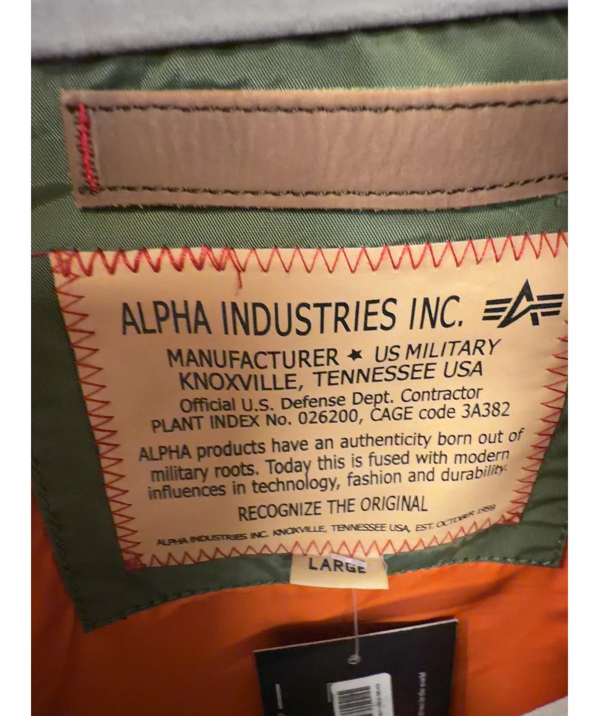 Alpha Industries Green MA-1 Heritage Bomber Jacket, size UK L — detail