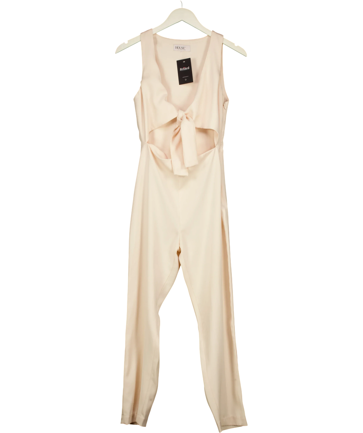 House of CB Cream Goya cream crepe knotted front jumpsuit, size UK S — front