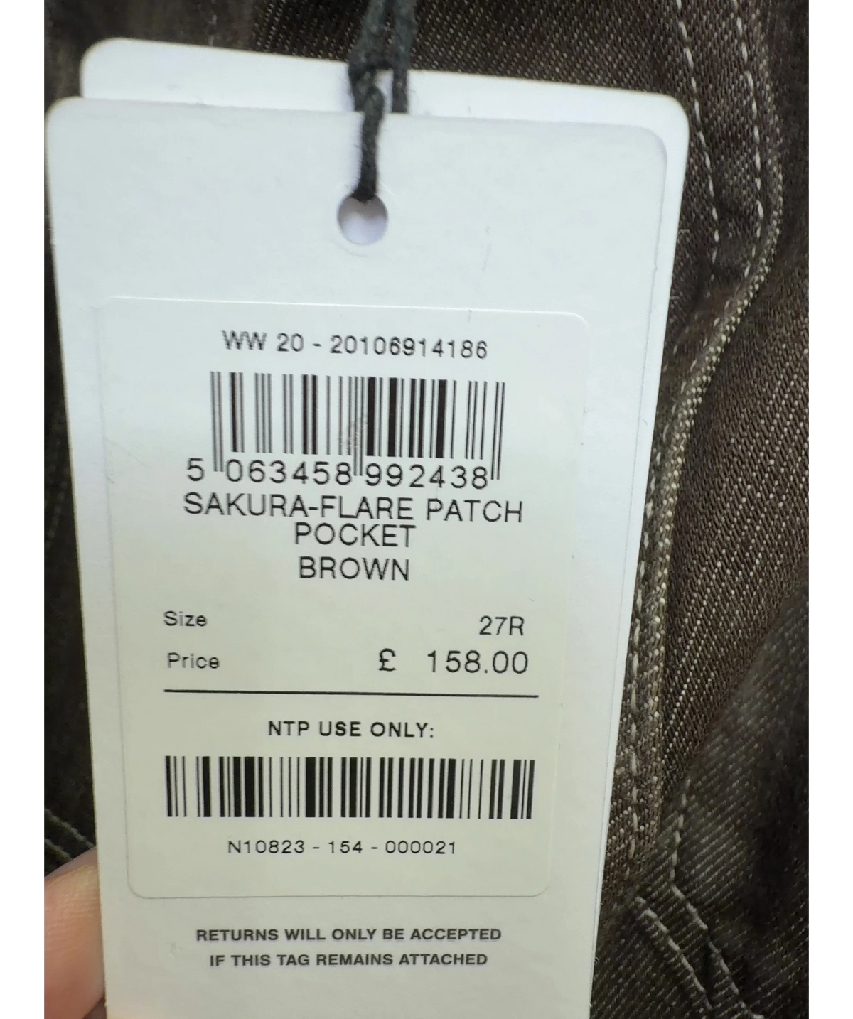 REISS Brown Sakura Patch-Pocket Flared Jeans, size W27 — label