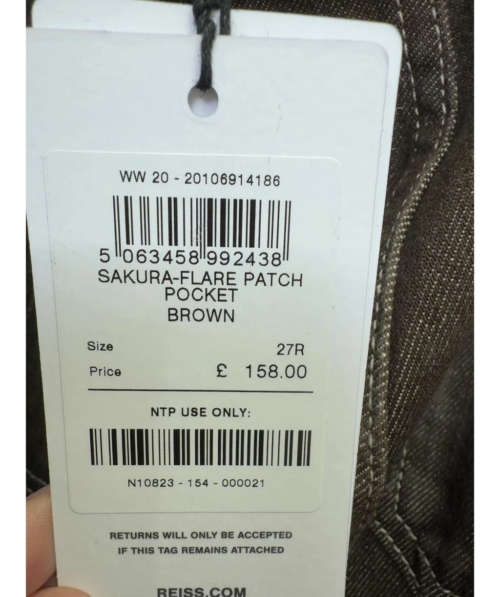 REISS Brown Sakura Patch-Pocket Flared Jeans, size W27 — care label
