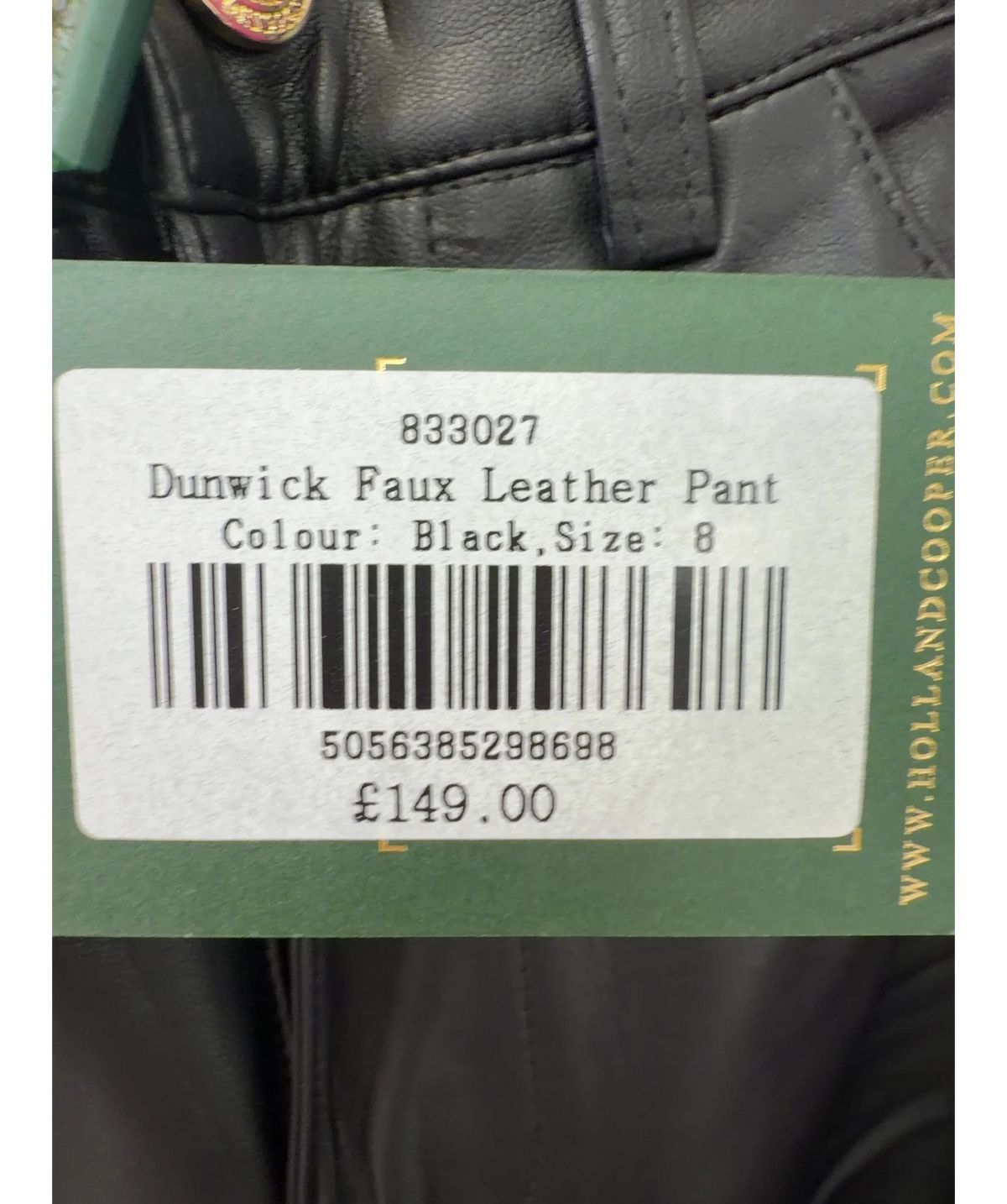 HOLLAND COOPER Black Dunwick Faux Leather Pant, size UK 8 — care label
