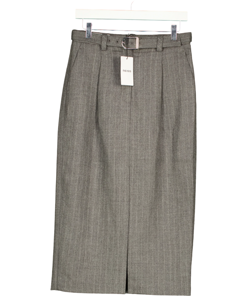 REISS Grey pinstripe midi skirt, size UK 8 — front