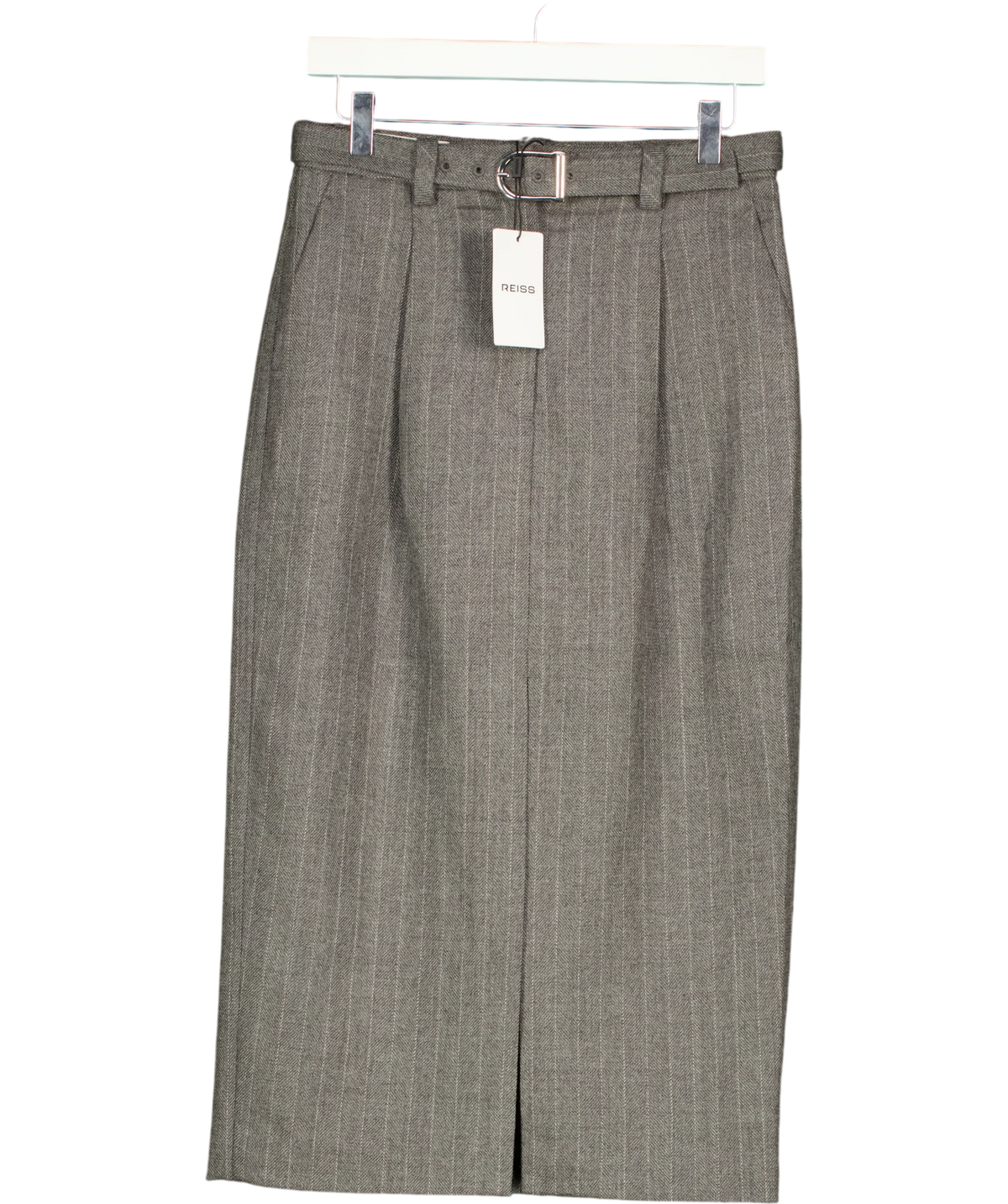 REISS Grey pinstripe midi skirt, size UK 8 — front