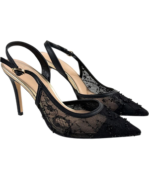Dune Carmellia Black Embroidered Embellished Lace Slingback Heels UK 6