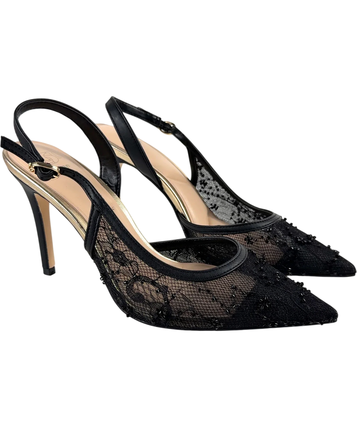 Dune Black Carmellia Black Lace Embellished Slingback Court Shoes, size UK 6 EU 39 👠 — front