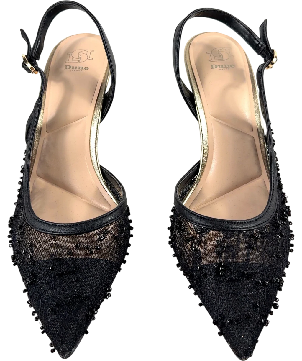 Dune Black Carmellia Black Lace Embellished Slingback Court Shoes, size UK 6 EU 39 👠 — detail