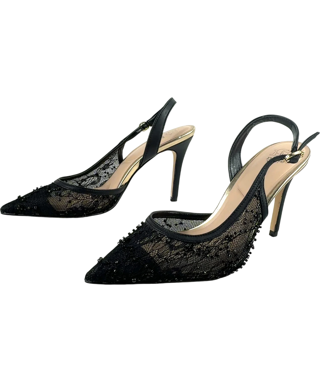 Dune Black Carmellia Black Lace Embellished Slingback Court Shoes, size UK 6 EU 39 👠 — label