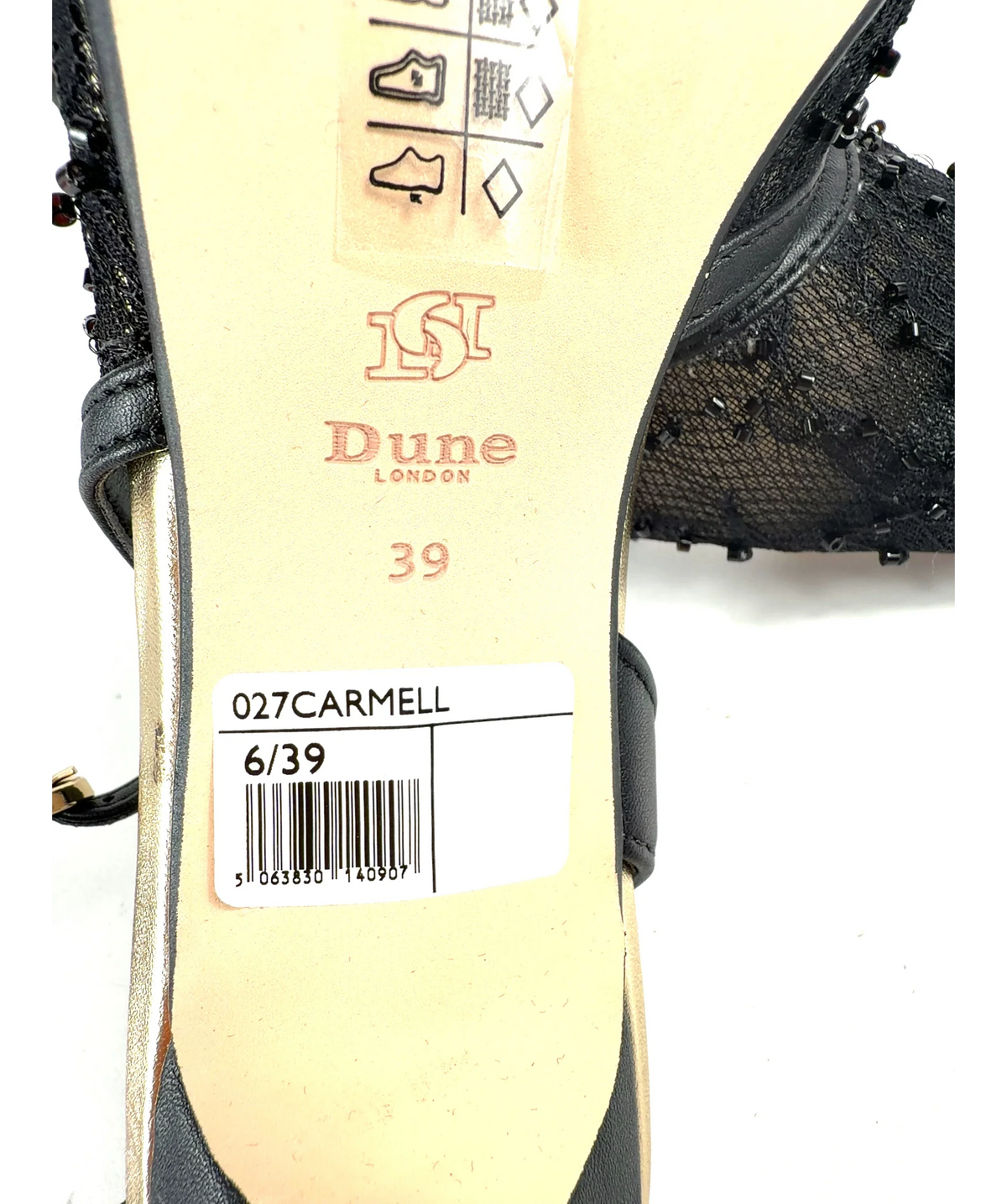 Dune Black Carmellia Black Lace Embellished Slingback Court Shoes, size UK 6 EU 39 👠 — care label